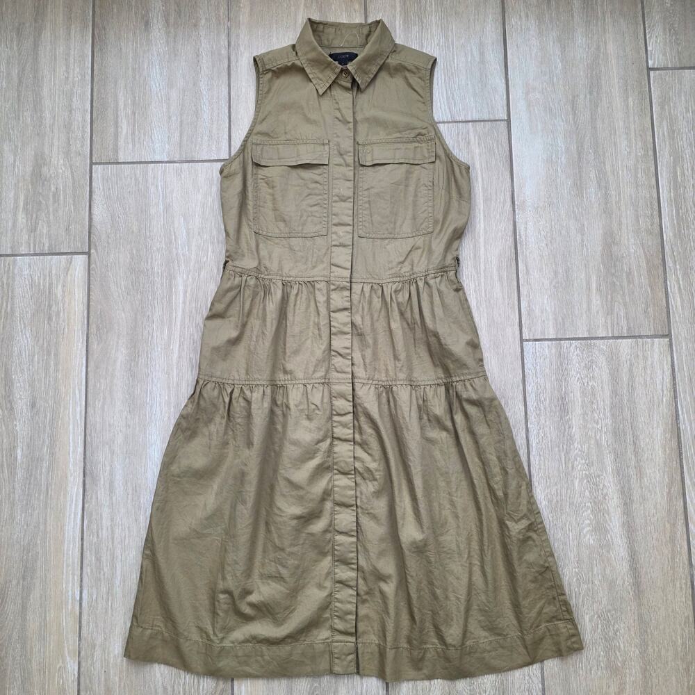 J.Crew Utility Shirt Dress Womens 2 Khaki Safari Sleeveless Button Front Cotton